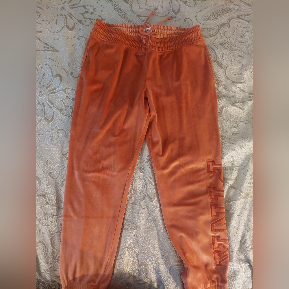 Velvet Orange Jogger Pants And Zip Up Jacket With Side Lettering
